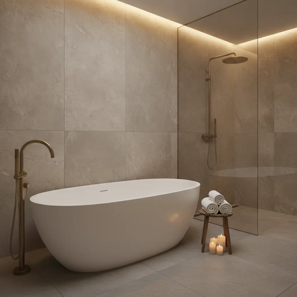 Exklusives Bad mit freistehender Badewanne und grossformatigen Natursteinfliesen